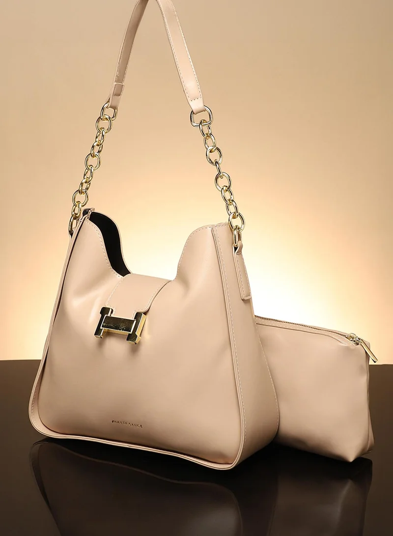 Haute Sauce Solid Magnet Lock Regular Vegan Leather Sling Bag with Detachable Strap For Women
