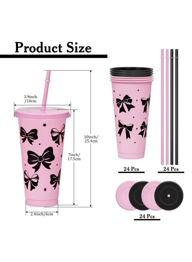 Cinrobiye 24 Set Pink and Black Bow Tumbler Cups with Lids and Straws Bow Plastic Cups 24 oz Reusable Drink Cup Bulk for Women Gift Birthday Wedding Bridal Baby Shower Party Decor (24, Black & Pink) - Image 2