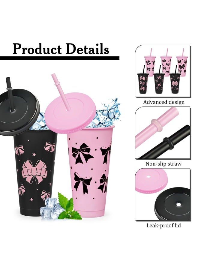 Cinrobiye 24 Set Pink and Black Bow Tumbler Cups with Lids and Straws Bow Plastic Cups 24 oz Reusable Drink Cup Bulk for Women Gift Birthday Wedding Bridal Baby Shower Party Decor (24, Black & Pink) - Image 3