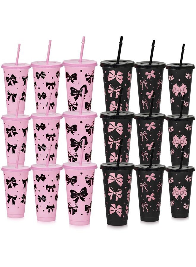 Cinrobiye 24 Set Pink and Black Bow Tumbler Cups with Lids and Straws Bow Plastic Cups 24 oz Reusable Drink Cup Bulk for Women Gift Birthday Wedding Bridal Baby Shower Party Decor (24, Black & Pink) - Image 1