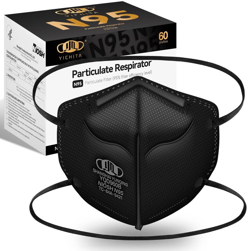 YQ YICHITA N95 Mask NIOSH Approved 60-Pack, Particulate Respirator N95 Face Masks Universal Fit - Individually Wrapped, Black - Image 1