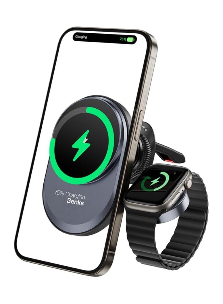 Benks CZ06 Infinity 2-in-1 Wireless Magsafe Car Charger for iPhone & Apple Watch, Optimized Charging, Strong Magnetic Connection Mount, Safe, Steady and Reliable, Easy, Clear-Cut Installation- Black - Image 1