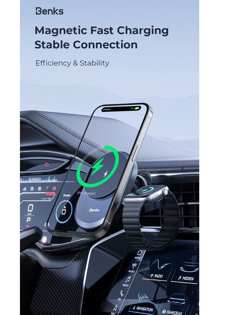 Benks CZ06 Infinity 2-in-1 Wireless Magsafe Car Charger for iPhone & Apple Watch, Optimized Charging, Strong Magnetic Connection Mount, Safe, Steady and Reliable, Easy, Clear-Cut Installation- Black - Image 4