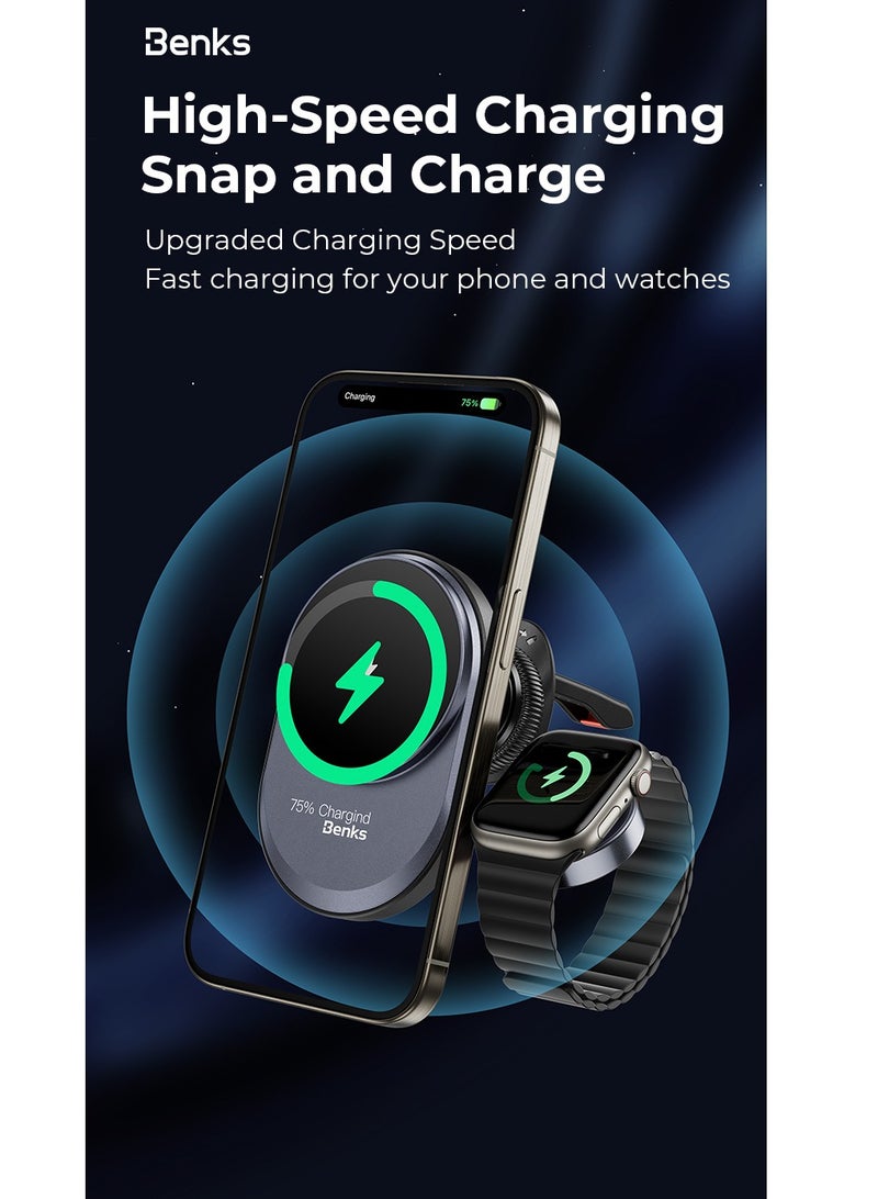Benks CZ06 Infinity 2-in-1 Wireless Magsafe Car Charger for iPhone & Apple Watch, Optimized Charging, Strong Magnetic Connection Mount, Safe, Steady and Reliable, Easy, Clear-Cut Installation- Black - Image 5