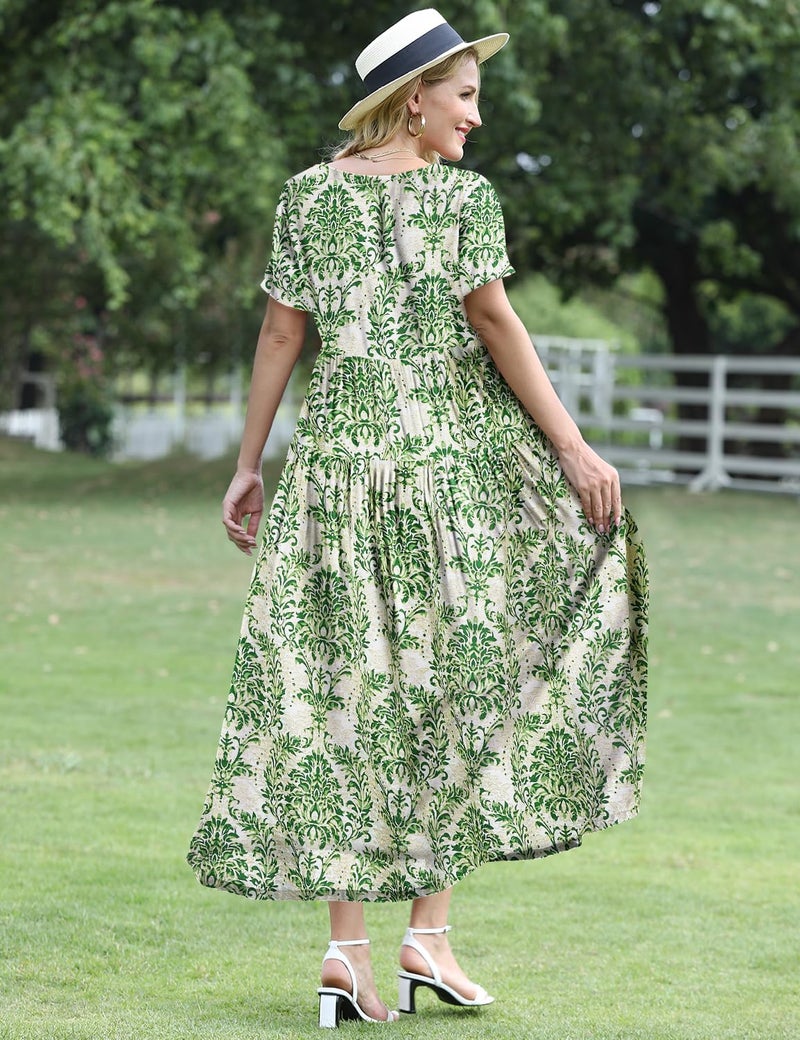 YESNO Women Casual Loose Bohemian Floral Dress with Pockets Short Sleeve Long Maxi Summer Beach Swing Dress 2XL EJF CR425 - Image 4