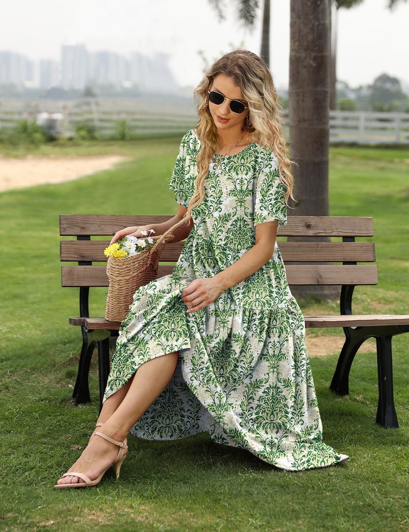 YESNO Women Casual Loose Bohemian Floral Dress with Pockets Short Sleeve Long Maxi Summer Beach Swing Dress 2XL EJF CR425 - Image 5