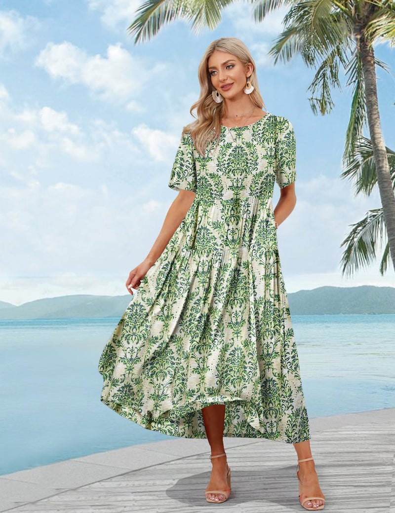 YESNO Women Casual Loose Bohemian Floral Dress with Pockets Short Sleeve Long Maxi Summer Beach Swing Dress 2XL EJF CR425 - Image 2
