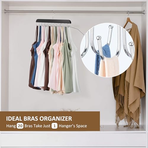 ZEDODIER Bra Hanger, Tank Top Hanger, Bra Hangers for Closet Organizer, Wooden Closet Organizer with 20 Adjustable Hooks, Space-Saving Storage for Bras, Tank Tops, and Belts, Black - Image 3