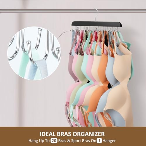 ZEDODIER Bra Hanger, Tank Top Hanger, Bra Hangers for Closet Organizer, Wooden Closet Organizer with 20 Adjustable Hooks, Space-Saving Storage for Bras, Tank Tops, and Belts, Black - Image 2