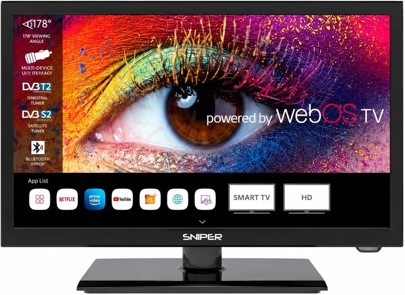 تلفزيون التخييم الذكي LED مقاس 19 بوصة من Sniper – نظام webOS – بلوتوث 5.0، واي فاي، جهاز استقبال Freeview، جهاز استقبال الأقمار الصناعية، البث المباشر والتقاط البث، 3 منافذ HDMI، 2 منفذ USB، مشغل الوسائط المتعددة، عالي الدقة - Image 1