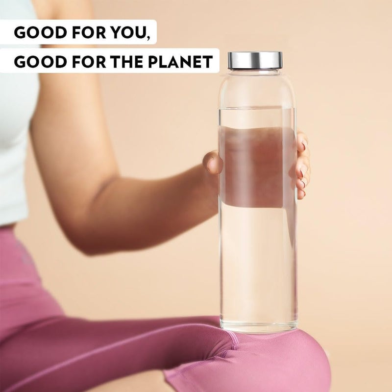 BrezzyCloud Glass Fridge Water Bottle with Steel Cap | Leak proof & detox water bottle glass | Wide mouth & Easy to Clean | Best Usage for Office/School/College | Set of 4, 800ml - Image 1