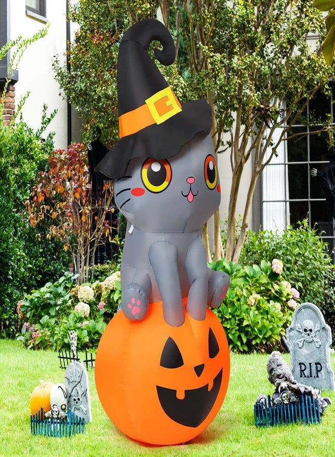 GOOSH 6 FT Halloween Inflatables Cat Outdoor Decorations Blow Up Yard Cute Wizard Cat Sitting Pumpkin with Built-in LEDs for Garden Lawn Indoor Party Decor - Image 5