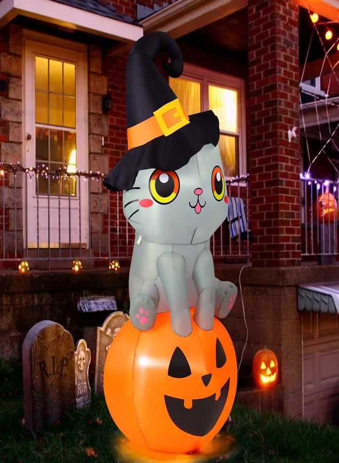 GOOSH 6 FT Halloween Inflatables Cat Outdoor Decorations Blow Up Yard Cute Wizard Cat Sitting Pumpkin with Built-in LEDs for Garden Lawn Indoor Party Decor - Image 2