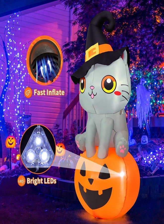 GOOSH 6 FT Halloween Inflatables Cat Outdoor Decorations Blow Up Yard Cute Wizard Cat Sitting Pumpkin with Built-in LEDs for Garden Lawn Indoor Party Decor - Image 3