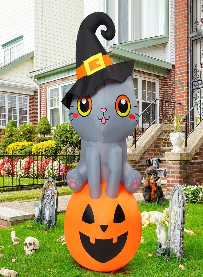 GOOSH 6 FT Halloween Inflatables Cat Outdoor Decorations Blow Up Yard Cute Wizard Cat Sitting Pumpkin with Built-in LEDs for Garden Lawn Indoor Party Decor - Image 4