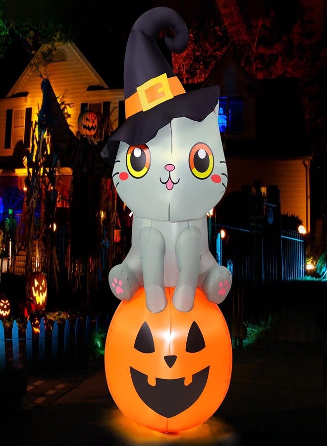 GOOSH 6 FT Halloween Inflatables Cat Outdoor Decorations Blow Up Yard Cute Wizard Cat Sitting Pumpkin with Built-in LEDs for Garden Lawn Indoor Party Decor - Image 1