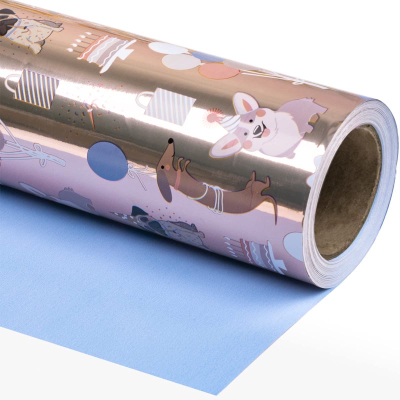 ورقة تغليف عيد الميلاد القابلة للعكس من WRAPAHOLIC رول صغير 17 بوصة × 33 قدم مع كلاب رائعة مع لمعان ورق معدني وأزرق صلب لحفلة عيد الميلاد وحفلة استقبال المولود