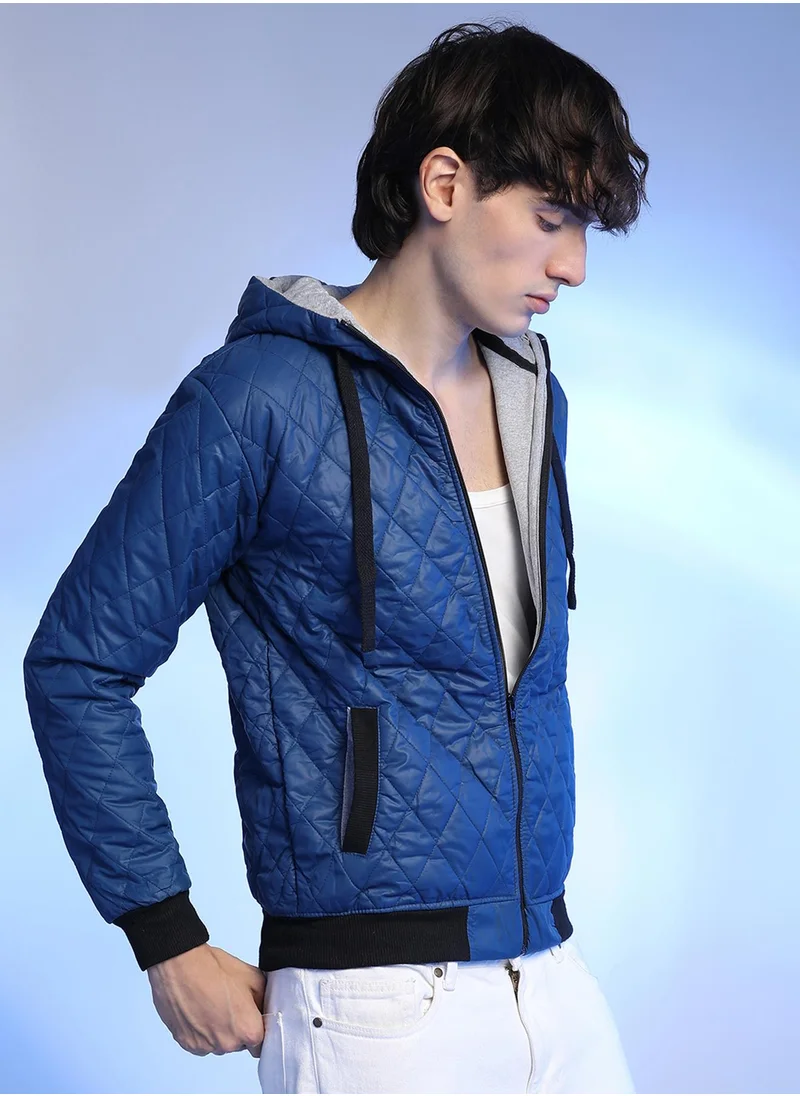 Campus Sutra Men's Blue Quilted Puffer Jacket With Zip-Closure