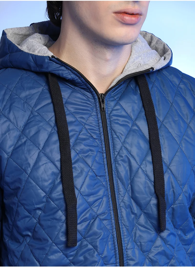 Campus Sutra Men's Blue Quilted Puffer Jacket With Zip-Closure
