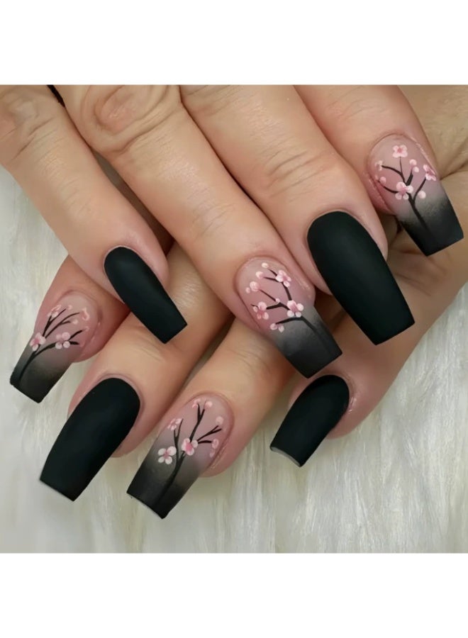 Goolsky Premium Long Ballet Press-on Nails with Black-Brown Ombre & Pink flower for Autumn Elegance - Image 1