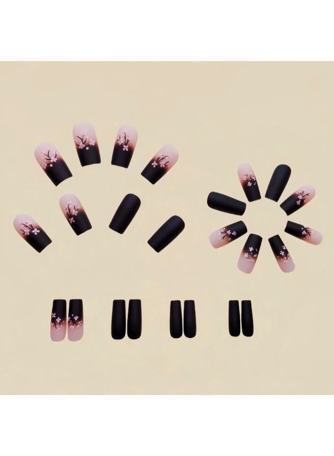 Goolsky Premium Long Ballet Press-on Nails with Black-Brown Ombre & Pink flower for Autumn Elegance - Image 5