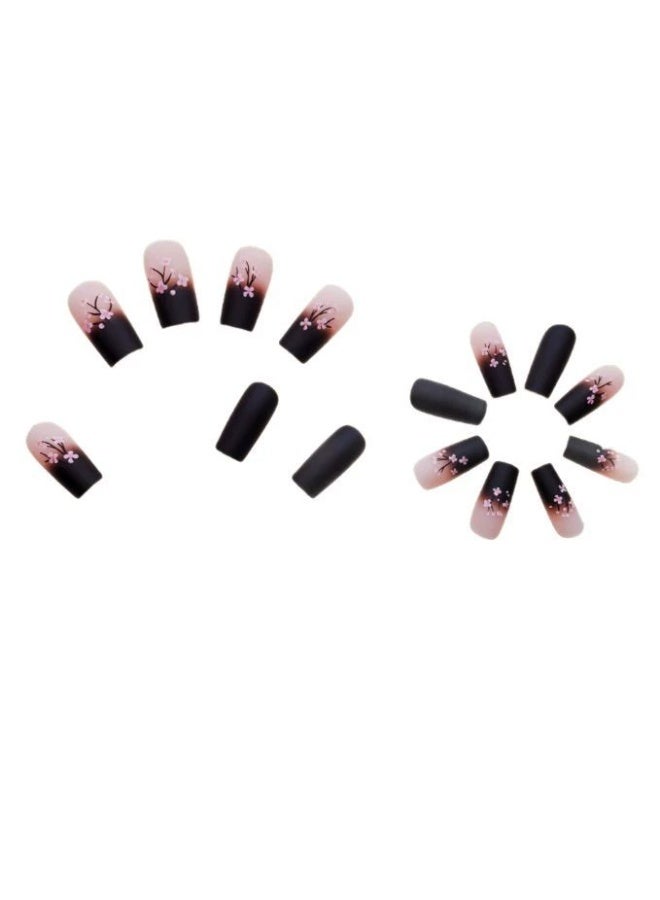 Goolsky Premium Long Ballet Press-on Nails with Black-Brown Ombre & Pink flower for Autumn Elegance - Image 2