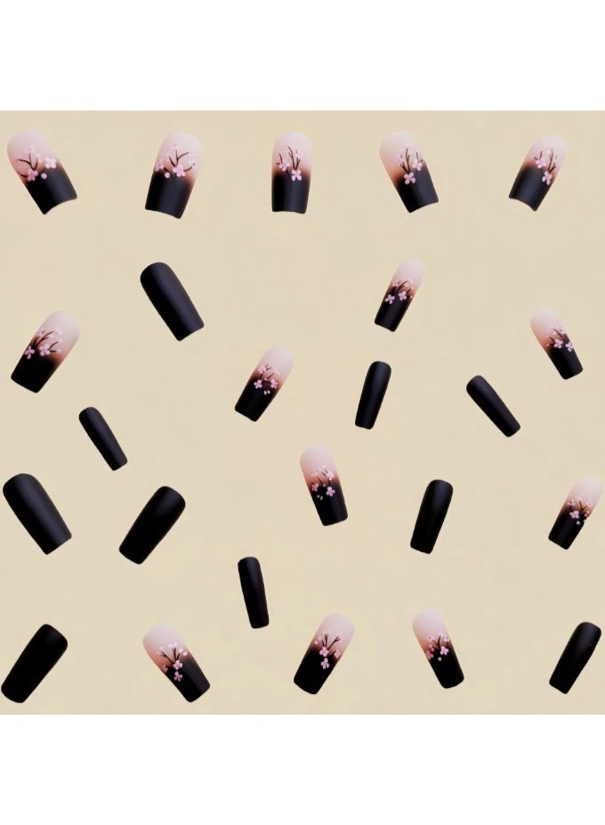 Goolsky Premium Long Ballet Press-on Nails with Black-Brown Ombre & Pink flower for Autumn Elegance - Image 4