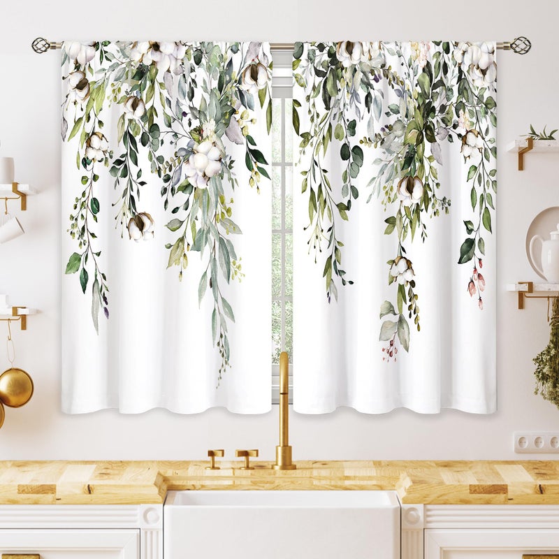 oolygoo Eucalyptus Botanical Leaves Cotton Farmhouse Floral Small Kitchen Curtains Flower Treatment Wildflower Plant Cafe Short Window Curtains for Bathroom Room Tier Treatment Drapes 26x36 inch - Image 1