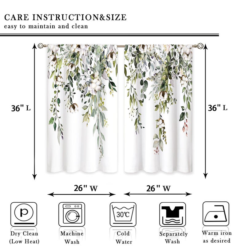 oolygoo Eucalyptus Botanical Leaves Cotton Farmhouse Floral Small Kitchen Curtains Flower Treatment Wildflower Plant Cafe Short Window Curtains for Bathroom Room Tier Treatment Drapes 26x36 inch - Image 2