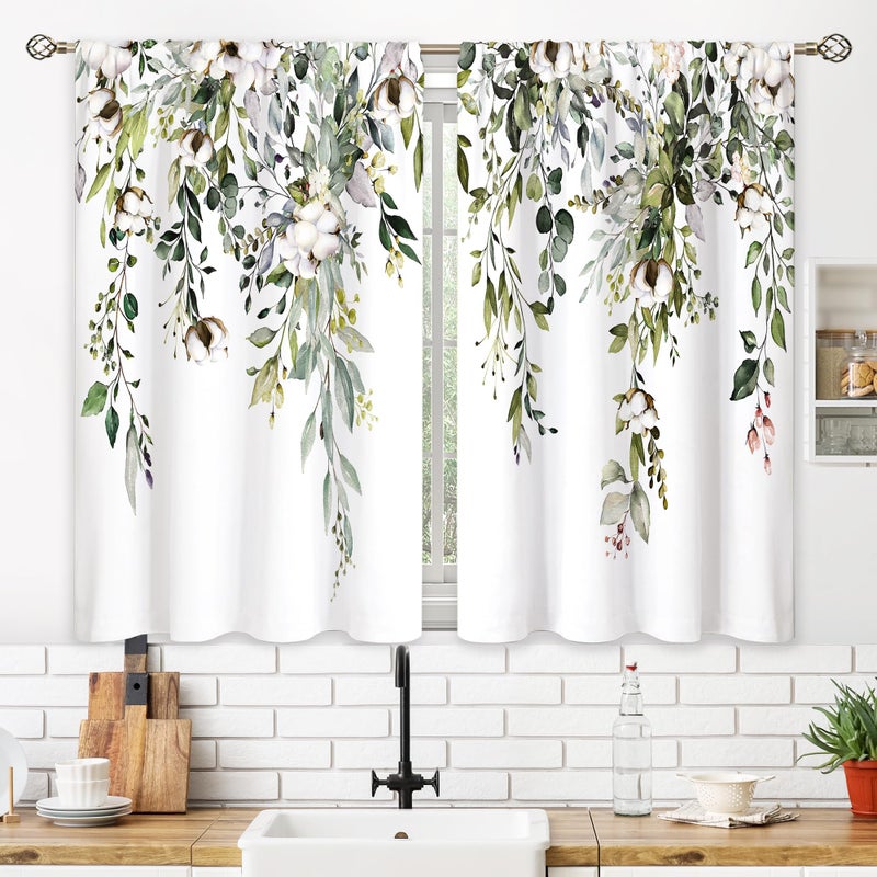 oolygoo Eucalyptus Botanical Leaves Cotton Farmhouse Floral Small Kitchen Curtains Flower Treatment Wildflower Plant Cafe Short Window Curtains for Bathroom Room Tier Treatment Drapes 26x36 inch - Image 3
