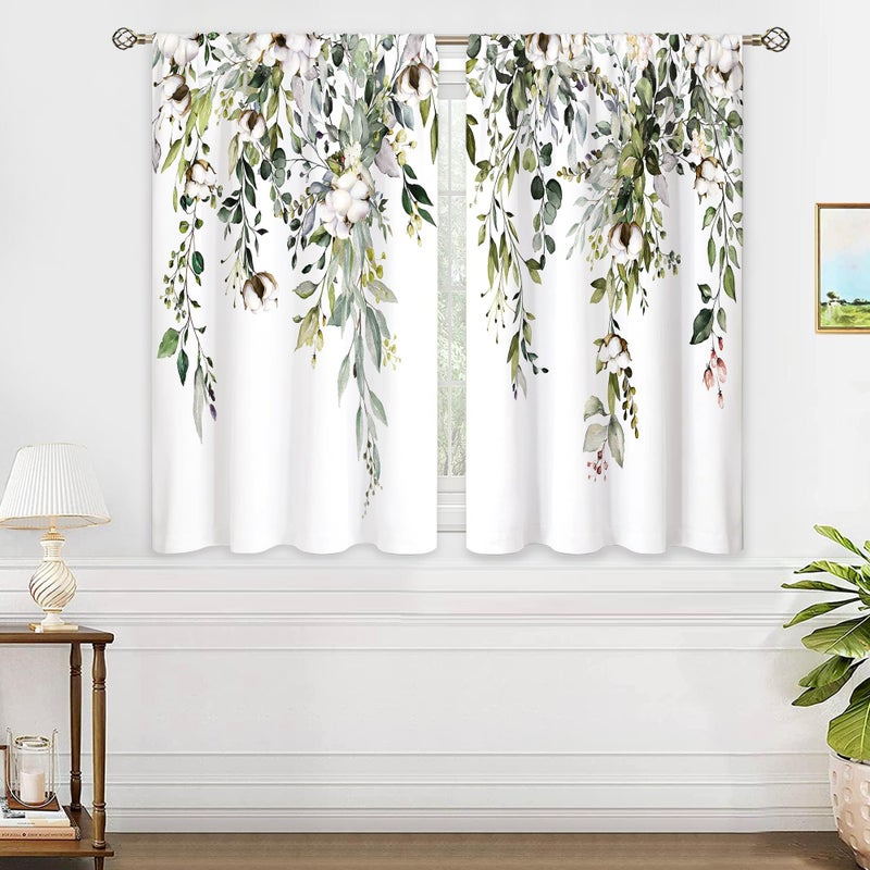 oolygoo Eucalyptus Botanical Leaves Cotton Farmhouse Floral Small Kitchen Curtains Flower Treatment Wildflower Plant Cafe Short Window Curtains for Bathroom Room Tier Treatment Drapes 26x36 inch - Image 4