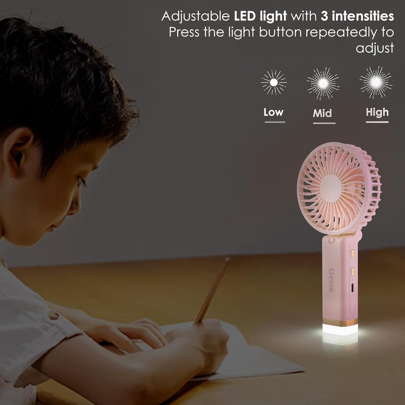 Gesto مروحة محمولة قابلة لإعادة الشحن مع ضوء LED – مروحة صغيرة قابلة للطي، مروحة صغيرة، مروحة يدوية بشحن USB مع بطارية 1200 مللي أمبير و 3 أوضاع سرعة | للسفر، المكياج، المطبخ، مروحة شخصية للنساء - وردي - Image 2