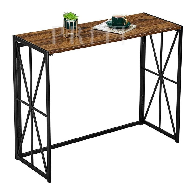 Priti Folding Wood Console Table with 40 Inches Metal Frame Walnut Brown No Assembly - Image 1