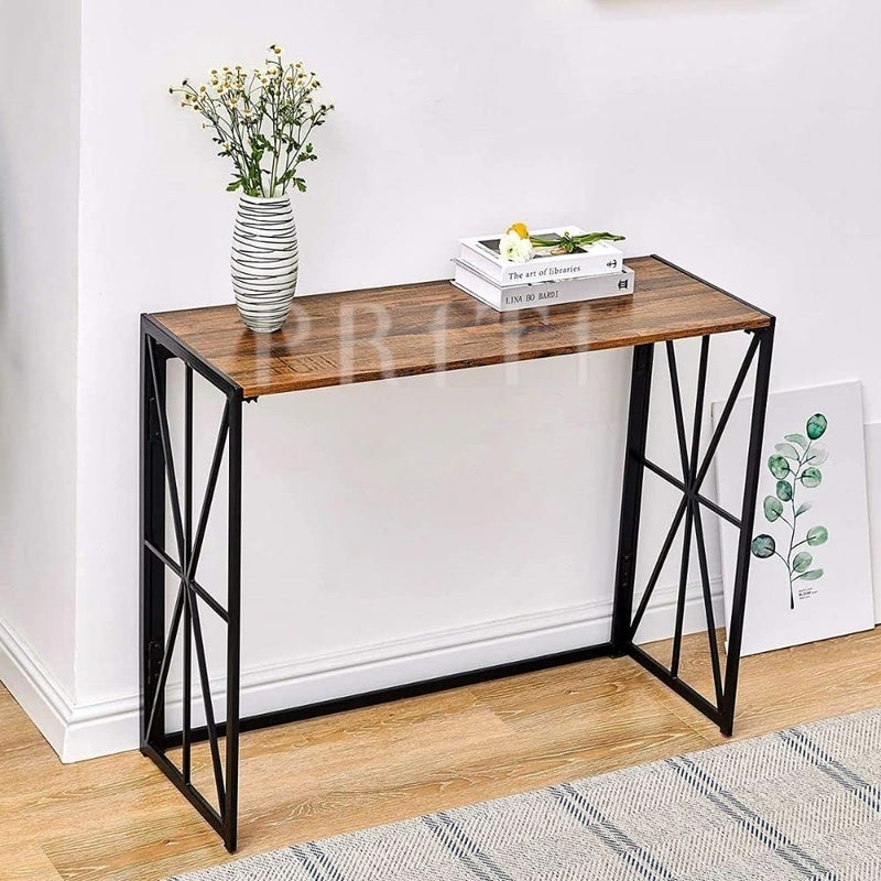 Priti Folding Wood Console Table with 40 Inches Metal Frame Walnut Brown No Assembly - Image 5