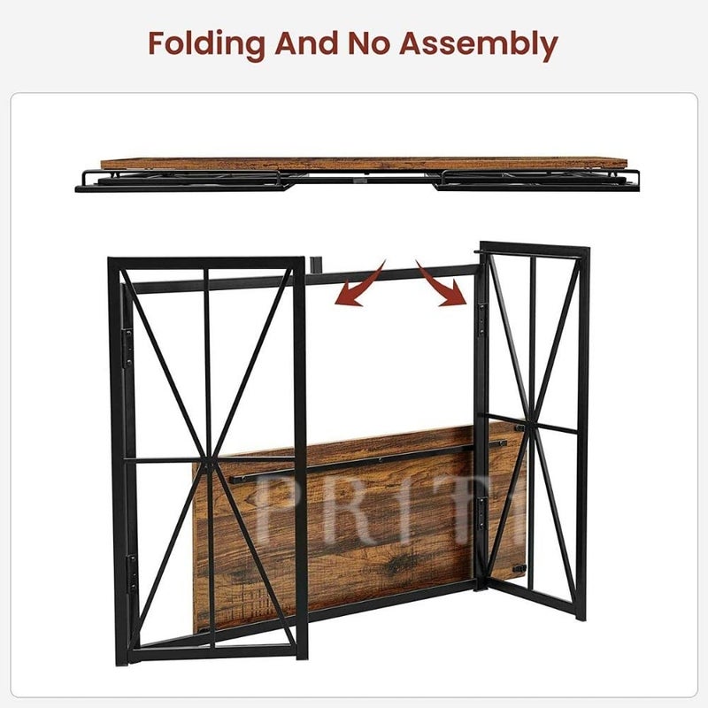 Priti Folding Wood Console Table with 40 Inches Metal Frame Walnut Brown No Assembly - Image 4