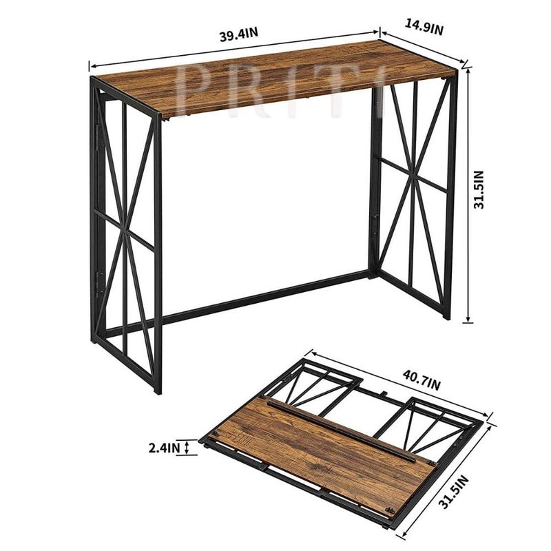 Priti Folding Wood Console Table with 40 Inches Metal Frame Walnut Brown No Assembly - Image 3