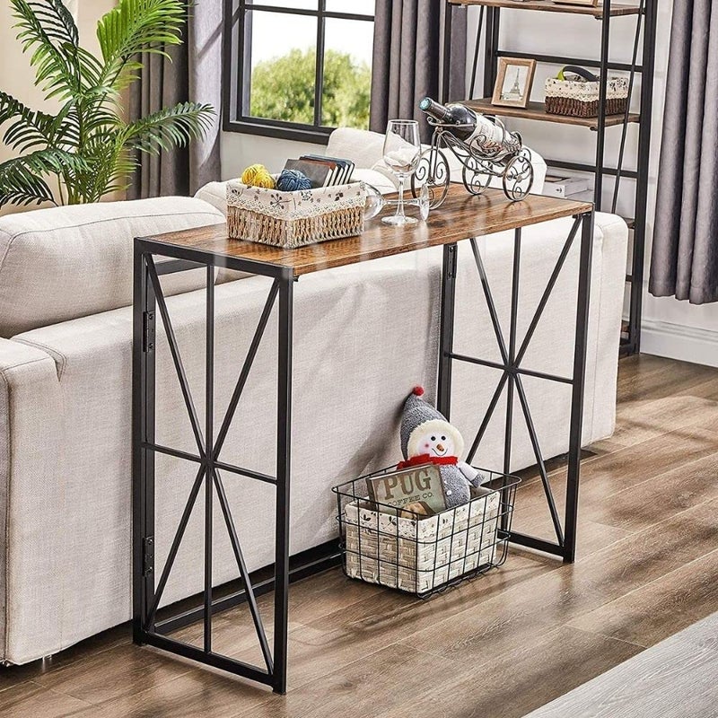 Priti Folding Wood Console Table with 40 Inches Metal Frame Walnut Brown No Assembly - Image 2