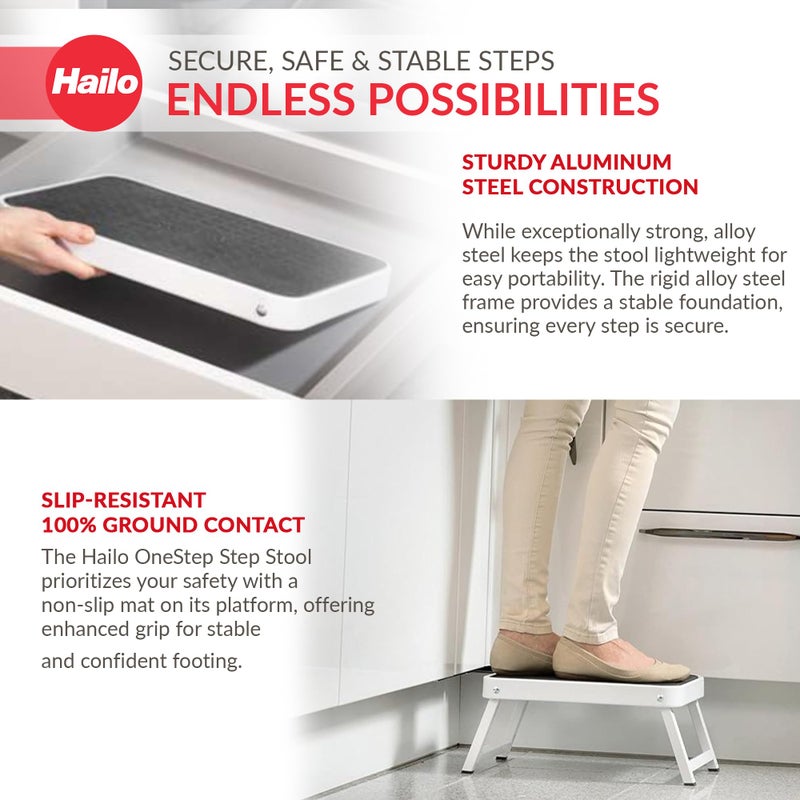 Hailo Onestep | Steel Step | One Large Step With Non-Skid Mat | Folding Safety Mechanism With Unlocking Button | Easy Storage | Lightweight | White - Image 3