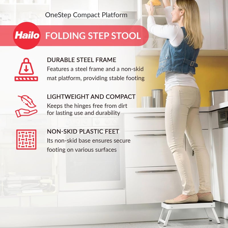 Hailo Onestep | Steel Step | One Large Step With Non-Skid Mat | Folding Safety Mechanism With Unlocking Button | Easy Storage | Lightweight | White - Image 2
