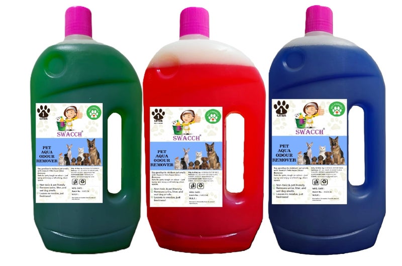 swacch Pet Aqua Odour Remover Liquid I Pet Safe Deodorizer for Home & Pet Areas I 1 Litre Combo Pack of 3 Jasmine, Strawberry & Lavender - Image 1