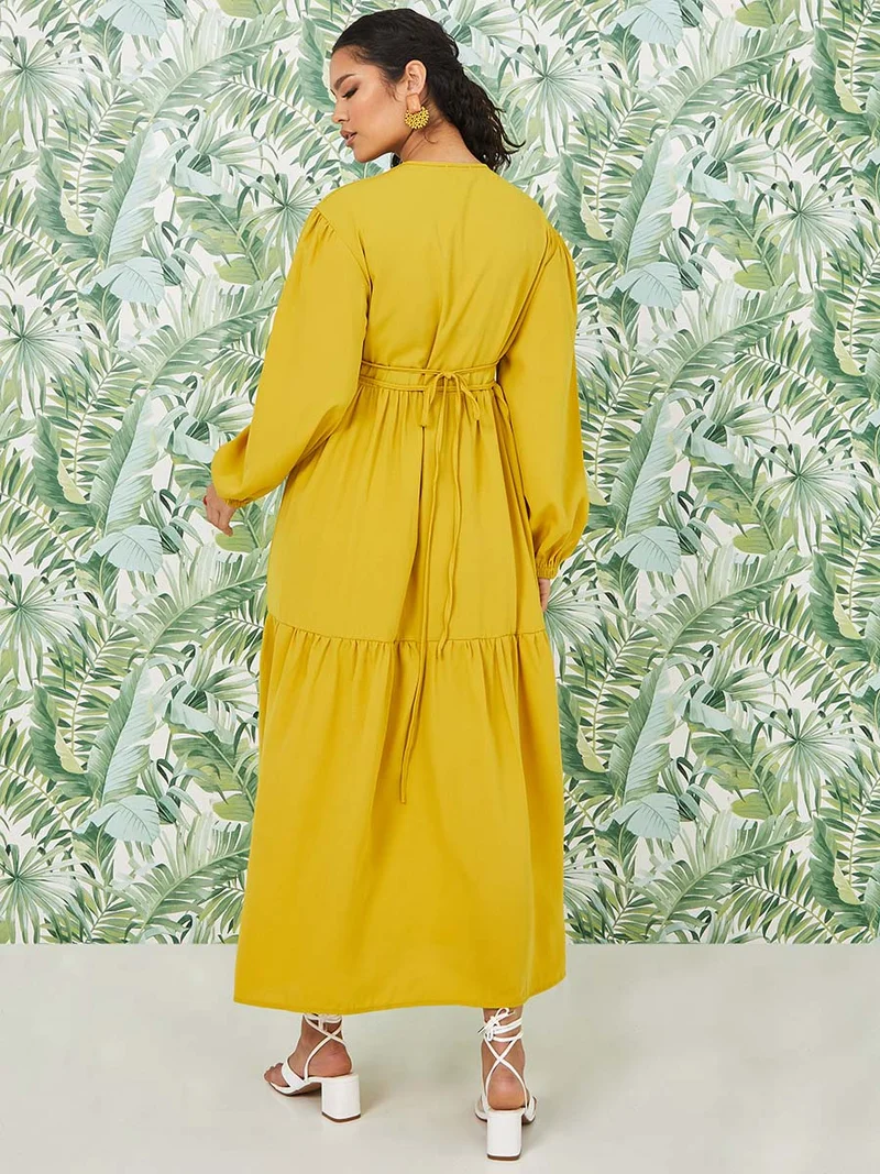 Styli Volume Sleeves Button Detail Tiered Maxi Dress