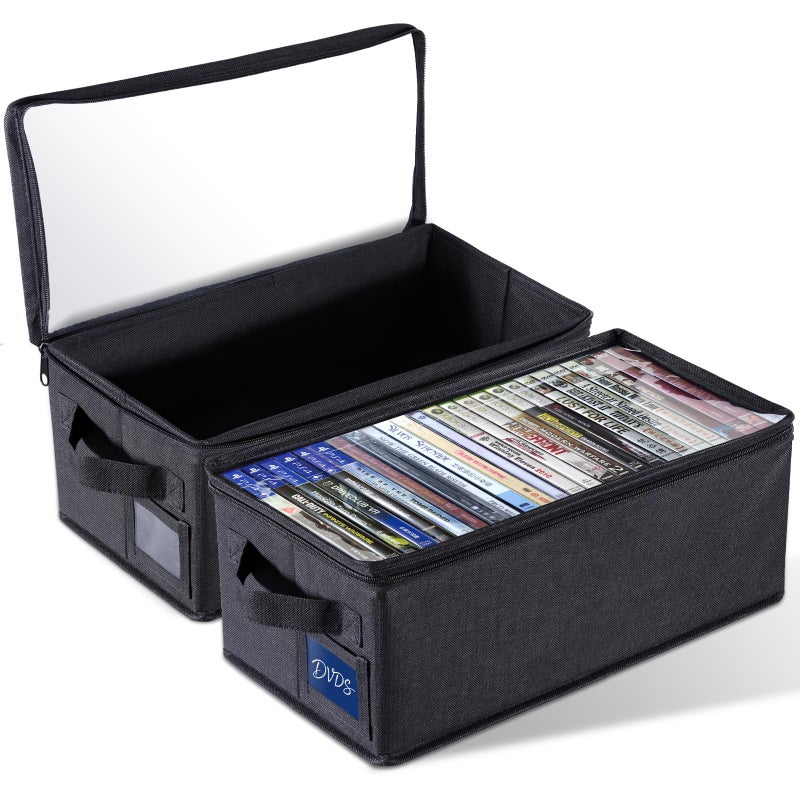 CCidea DVD Storage Box with Clear Window - 15.75" Foldable Media Organizer, Premium Zipper Closure, Holds 27+ DVDs, Dustproof Non-woven Fabric, Reinforced Handles & Label Slot (Black) (2) - Image 1