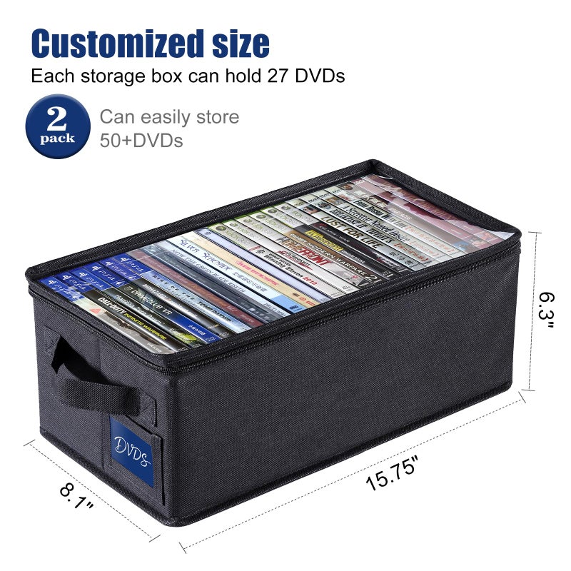 CCidea DVD Storage Box with Clear Window - 15.75" Foldable Media Organizer, Premium Zipper Closure, Holds 27+ DVDs, Dustproof Non-woven Fabric, Reinforced Handles & Label Slot (Black) (2) - Image 3