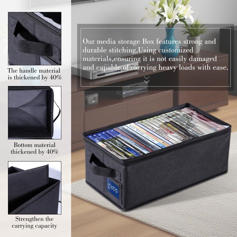 CCidea DVD Storage Box with Clear Window - 15.75" Foldable Media Organizer, Premium Zipper Closure, Holds 27+ DVDs, Dustproof Non-woven Fabric, Reinforced Handles & Label Slot (Black) (2) - Image 2