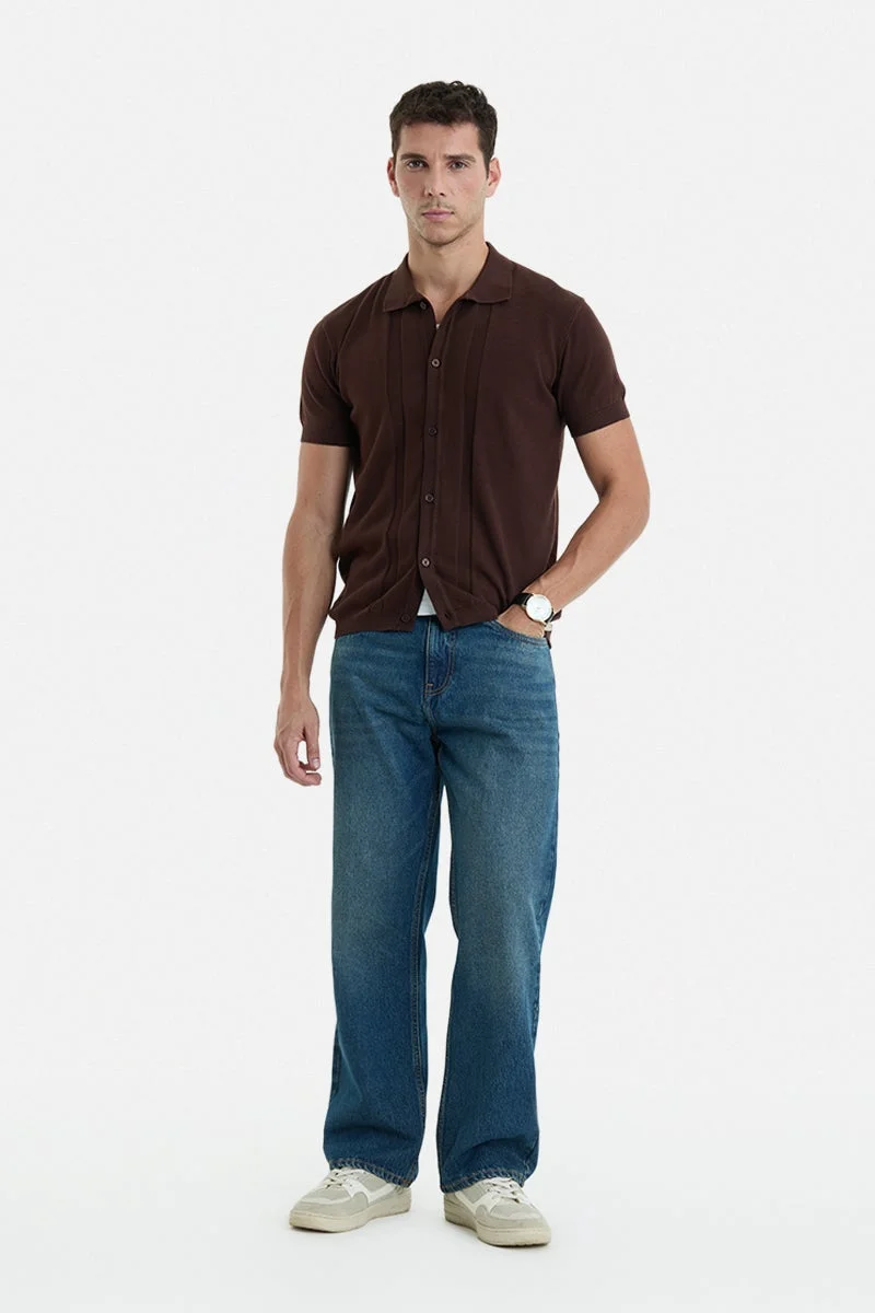 سنيتش Dark Brown Ribbed Half Sleeve Regular Fit Casual Shirt