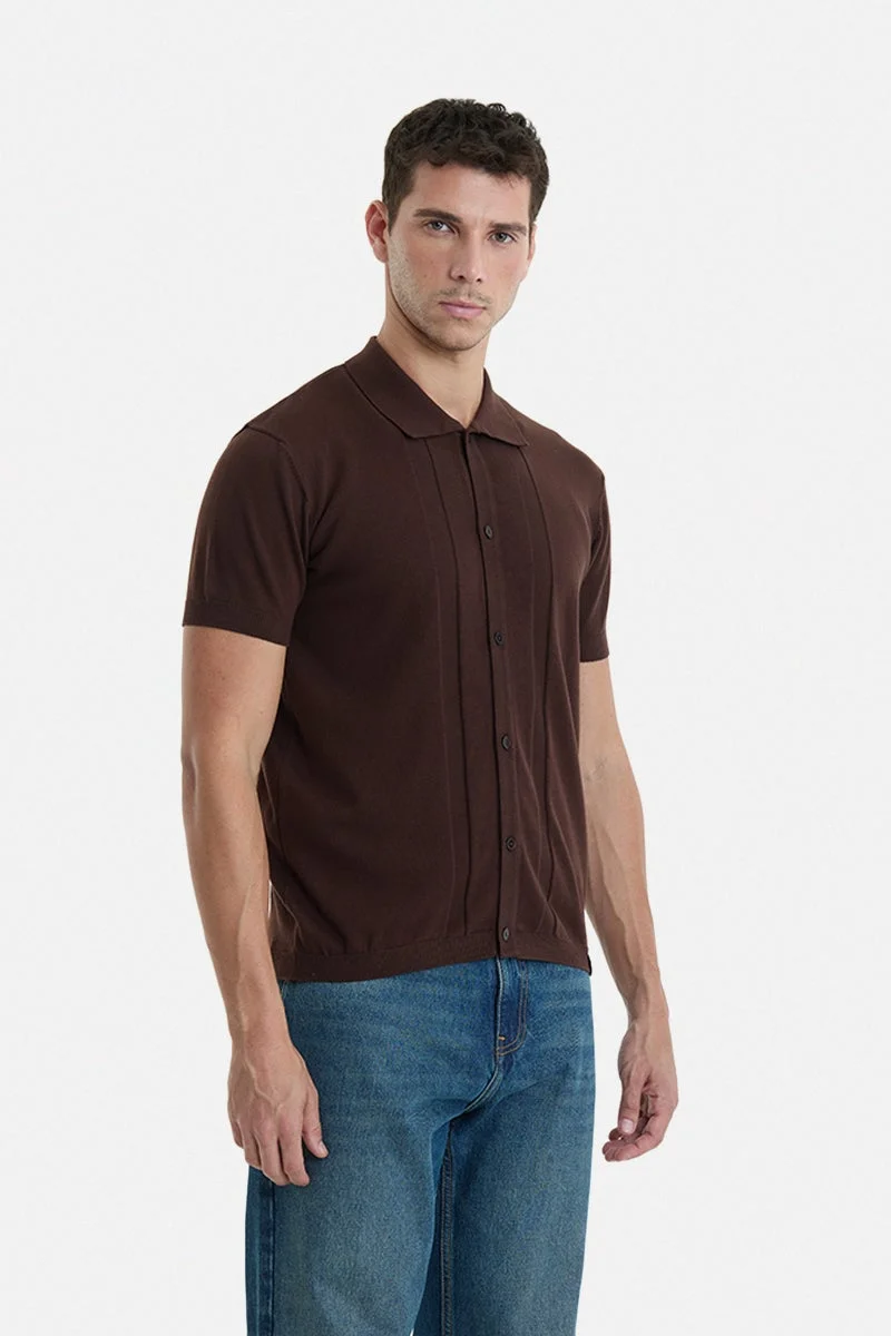سنيتش Dark Brown Ribbed Half Sleeve Regular Fit Casual Shirt