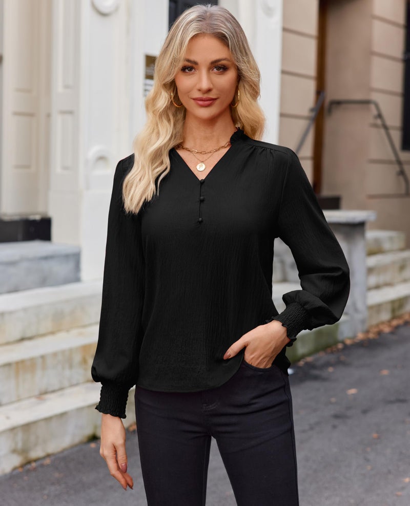 Gleeivy Black Blouses for Women Dressy Casual Long Sleeve Shirts V Neck Tunic Fall Tops Trendy with Smocked Cuffs Business 2026 Outfits Clothes Black M - Image 3