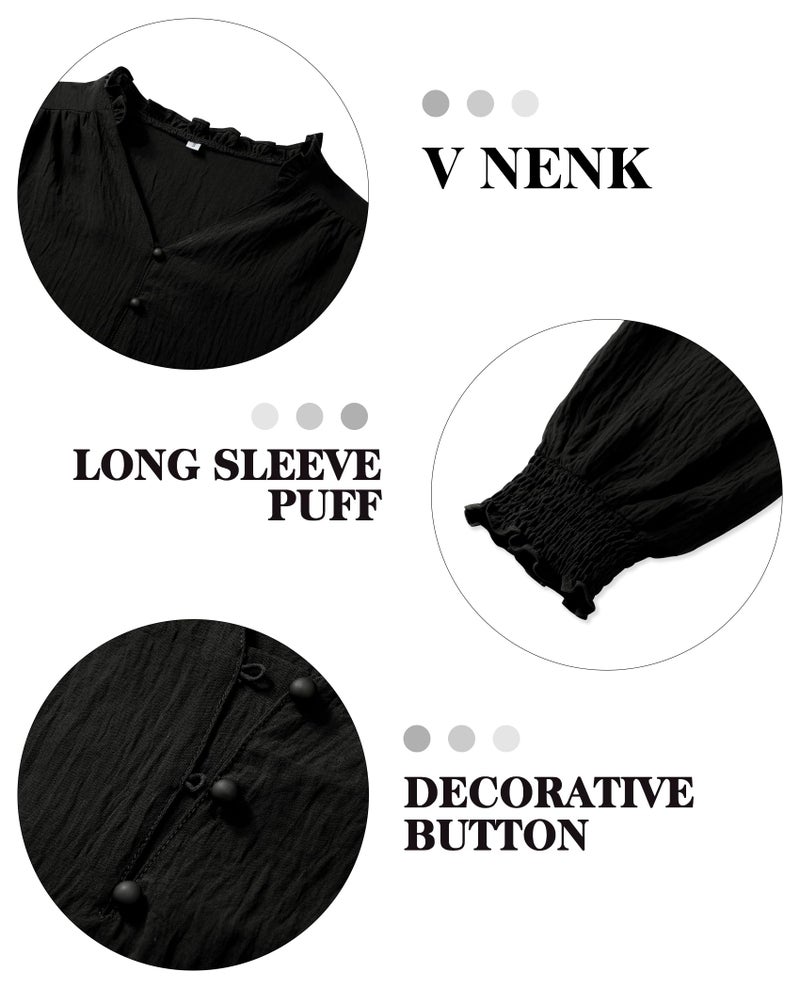 Gleeivy Black Blouses for Women Dressy Casual Long Sleeve Shirts V Neck Tunic Fall Tops Trendy with Smocked Cuffs Business 2026 Outfits Clothes Black M - Image 4