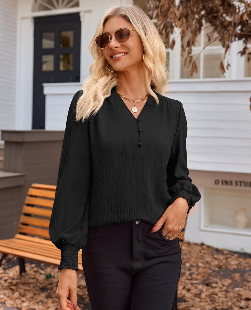 Gleeivy Black Blouses for Women Dressy Casual Long Sleeve Shirts V Neck Tunic Fall Tops Trendy with Smocked Cuffs Business 2026 Outfits Clothes Black M - Image 5