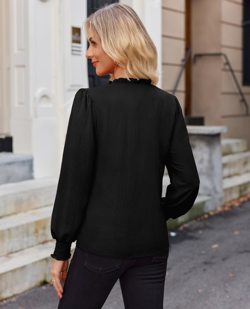 Gleeivy Black Blouses for Women Dressy Casual Long Sleeve Shirts V Neck Tunic Fall Tops Trendy with Smocked Cuffs Business 2026 Outfits Clothes Black M - Image 2
